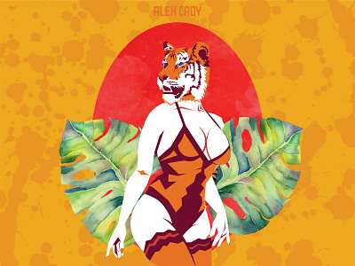 TIGER WOMAN animals graphic design illustration photo collage pinup pinup girl tiger tigers watercolor