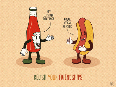 Relish Your Friendships_BRD_5-27-21 1930s cartoon characters cartoons friends hot dog illustration inkblot ketchup procreate art procreate brushes puns relish retro rubber hose vintage
