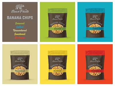 Bear Fruits Banana Chips Packaging #1_BRD_7-16-19 banana chips bananas brand identity branding color coded design graphic organic packaging vector