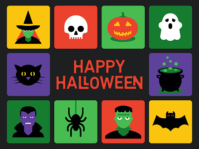 Halloween Icons_BRD_10-30-19 bat black cat cauldron frankenstein ghost halloween icons illustration illustrator jackolantern pumpkin skeleton skull skulls spider vampire vector witch