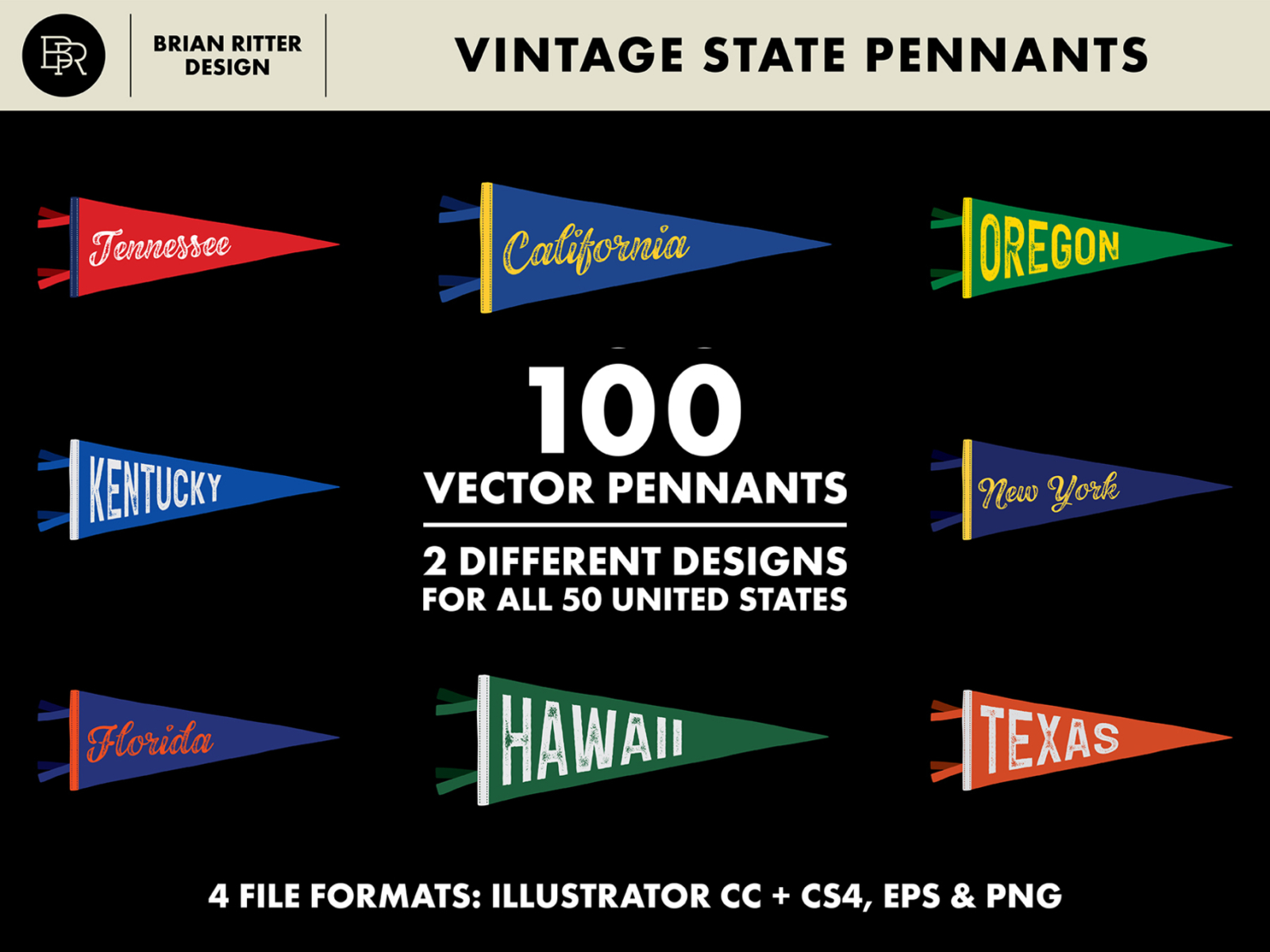 US State Pennants_BRD_12-20-19 americana creativemarket flags illustration illustrator pennants retro united states vector vintage