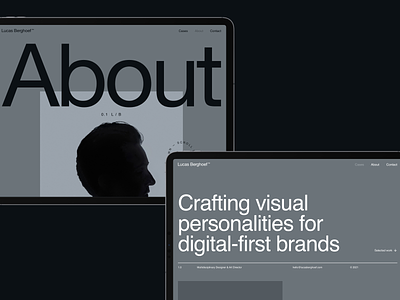 Lucas Berghoef - Portfolio 3.0 - Home and About Pages about page black branding design graphic design gray grey helvetica helvetica neue logo portfolio typography ui uiux website white