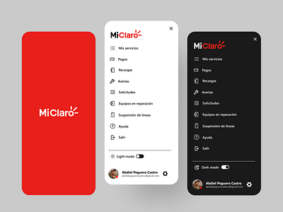 MiClaro Mobile Menu Redesign - Light / Dark Mode app mobile app product design ui ui design ux