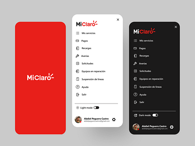 MiClaro Mobile Menu Redesign - Light / Dark Mode