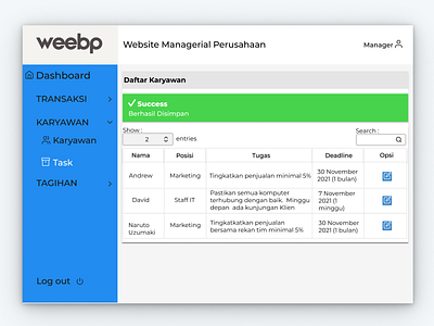 "Weebp" website managerial app design ui