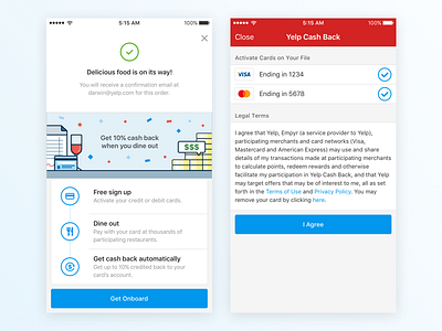 Yelp Cash Back sign up flow (iOS)