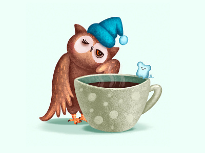 Good morning.. animals bird character coffee illustration morning owl sleep