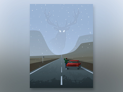 Strange things animals car character deer design illustration landscape road snow vector