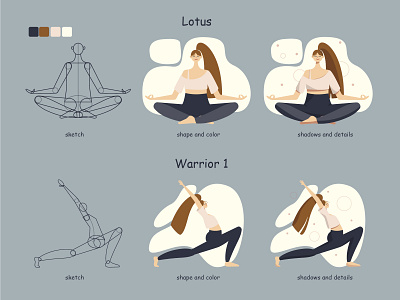 Stages of creating illustrations with yoga poses