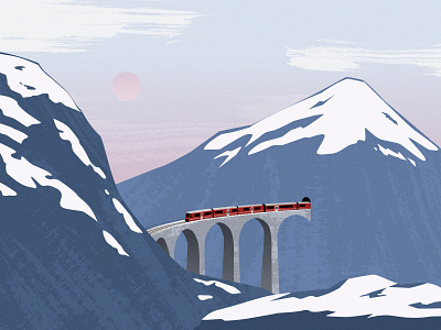 Train to winter illustration landscape mountain sky snow train winter