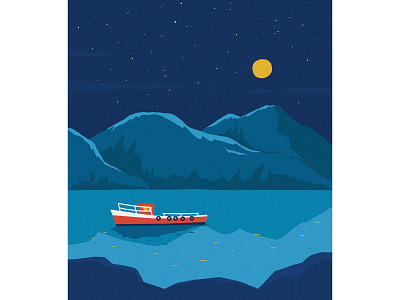 Sailing at night boat illustration landscape mountain night river sailing