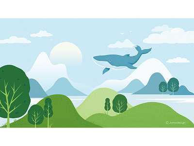 Whale gree illustration landscape mountain sea tree whale