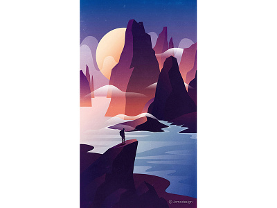 看山 illustration landscape mountain river sunset