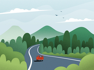 Forest Trip bus forest green illustration mountain road sky trip
