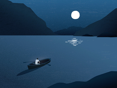 To The Night boat illustration landscape moon mountain night river