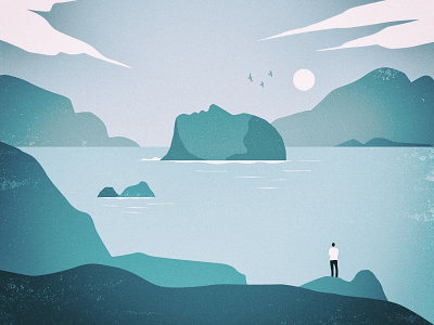 The Sea illustration island landscape lonely man mountain sea wait