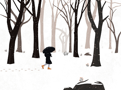 winter walk forest girl illustration lonely snow tree umbrella walk winter