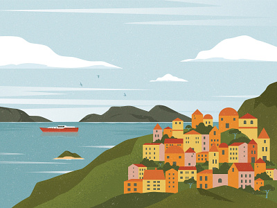 Seaside Town boat illustration landscape sea seaside sky