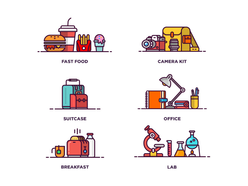 Icon Set P.I line illustration camera breakfast office business lab fast food set icon set illustration icon