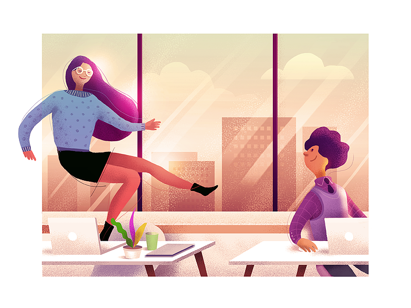 End of the day company work office day off girl illustration