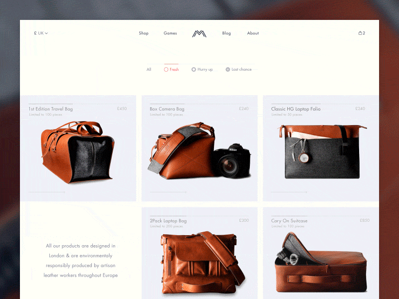 Shop page transition animation bags ecommerce gif leather minimal product shop shopify simple transition white