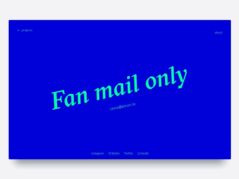Fan Mail Only 3d animation blue brutalist contact green minimal rotate spin transition website