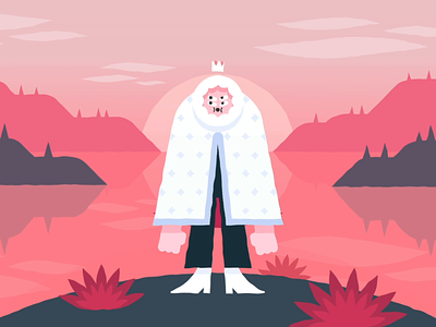 Yeti 2d 3d camera animation bigfoot boots cape character clouds design fake 3d faux 3d illustration king mountains pink plants shoes vector yeti