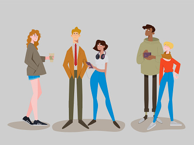 Friends, character design 2d animation boy branding character coffee design friends girl illustration man phone smartphone vector women