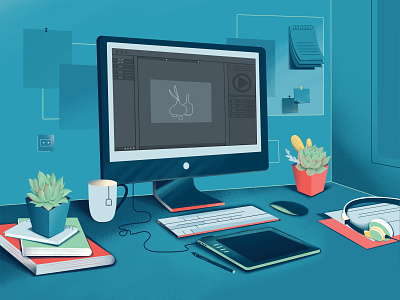 My Workspace 2d animation book branding design desktop graphic design illustration mouse plants space tea vector work
