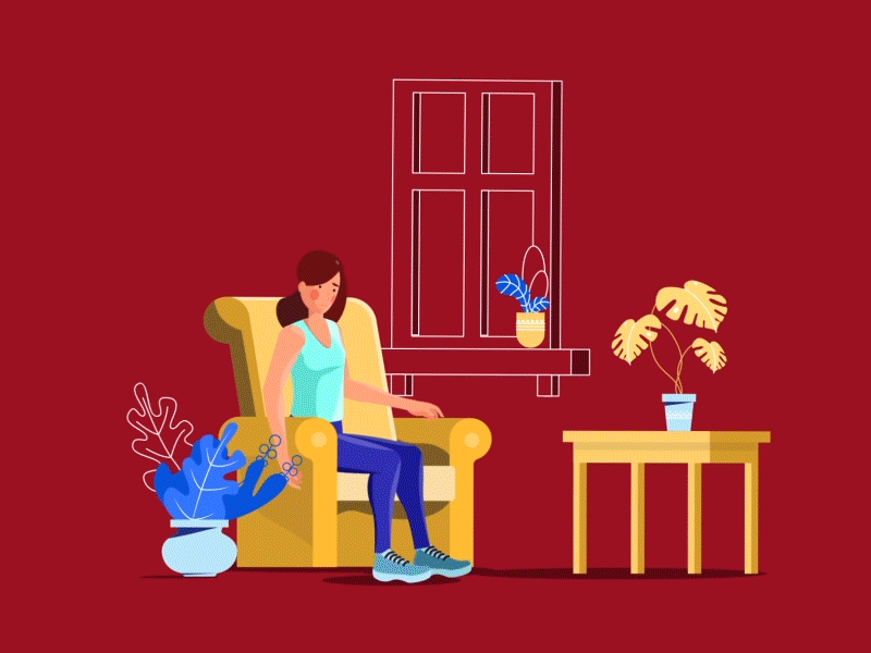 Tired of working 2d animation armchair character color gif girl plants table tired work