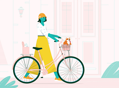 Riding a bike with dog 2d animation character city design dog girl illustration plants sale video