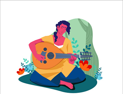 A lady playing the lute 2d animation character design flat girl illustration lady music nature plants play playing song video