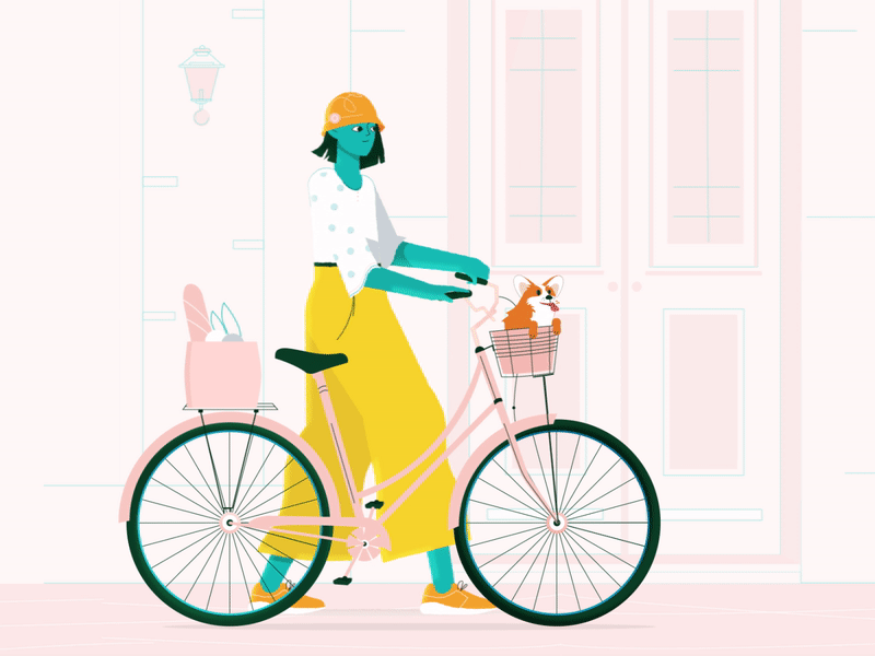 Riding a bike with dog | animation 2d animation bicycle bike character city design dogs girl illustration plants video