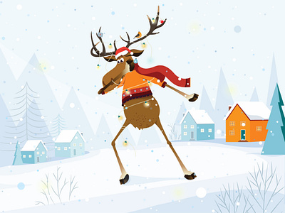 Dabbing Deer 2d animation boy character christmas deer design houses illustration light nature new year plants snow vector
