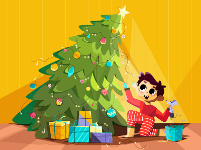 Merry Christmas 2020 2d animation boy character child children christmas design gift illustration merry mouse plants toys tree vector