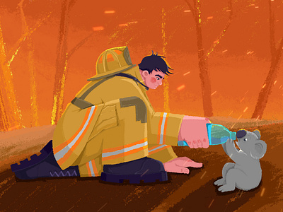 Care for animals 2d animation australia bottle boy care character design fire fireman illustration koala man nature plants vector video water