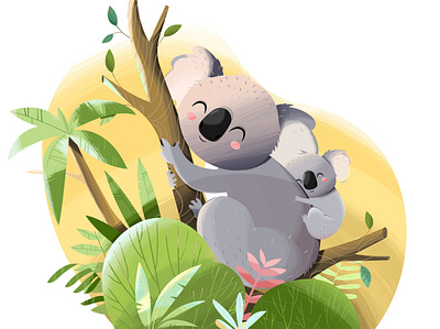 Koala 2d animals animation character design happy illustration koala nature plants smile texture trees video
