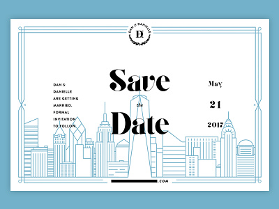 Save the date blue city illustration letterpress monogram new york city save the date wedding