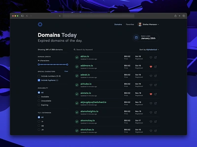 Domains of the day app branding color dark design domains interface list minimal simple ui ux