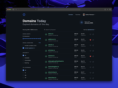 Domains of the day app branding color dark design domains interface list minimal simple ui ux
