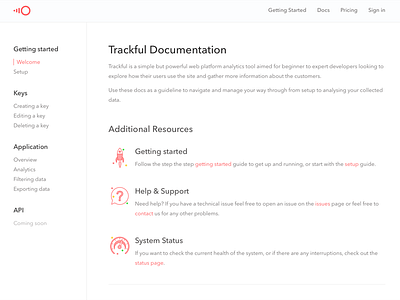 Docs - Trackful.io docs free landing page minimal trackful ui web analytics