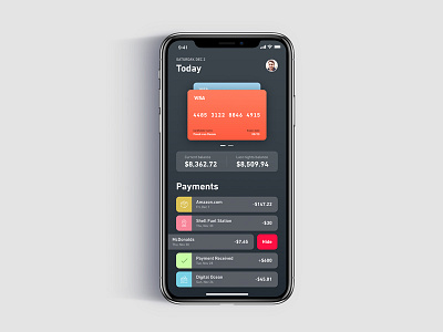Payments interface app application bank credit card dark fintech interface mobile payments