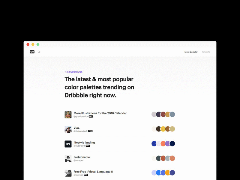 The Colorbook is here! bright color colorbook interface landing page layout light palette profile simple timeline ui