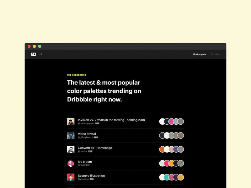 The Colorbook Update color colorbook dark interface landing page layout palette profile simple timeline ui