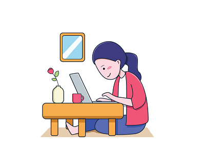 Young Cute Girl Working at Home Illustration activity animation character cute flat girl home house il illustration laptop work
