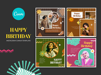 Birthday Instagram Post Canva Template Retro Style birthday canva colorful design fashion instagram marketing post retro social media