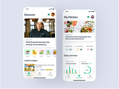 Recipe App app app design diet food food app green app healthy app ios minimal ui recipe app recipes ui ux