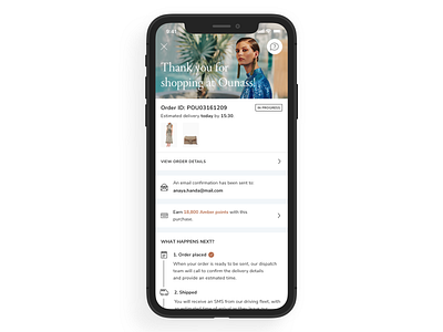 Order Success for luxury e-commerce app app design ecommerce ecommerce app ios luxury shopping minimal order details order fulfillment order success product product design shopping app success success message uiux user experience userexperiencedesign userinterface ux