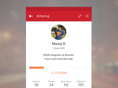 Zomato material design android design discovery food level material profile red restaurant stats user zomato