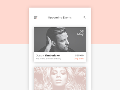 Day 70 Event Listing box card concert dailyui event grey listing minimal pink singer ui ux